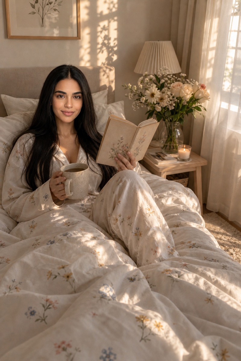 Lilith en la cama con un café y un libro, la luz de la mañana entrando.
