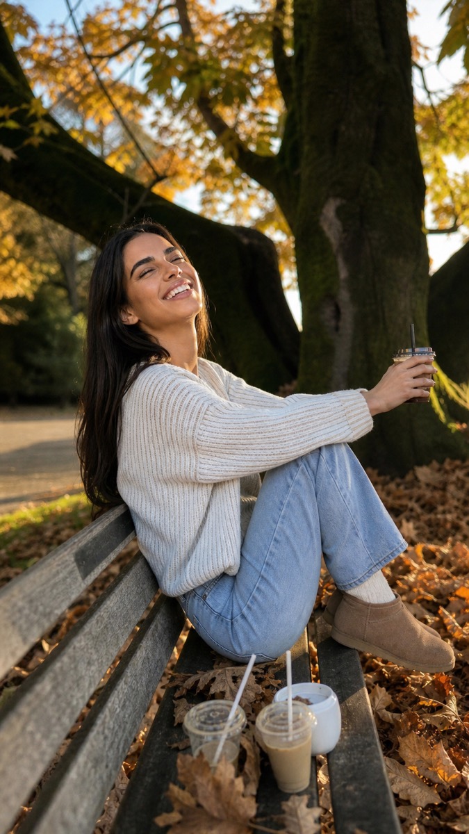 Lilith riéndose en una banca del parque en otoño.