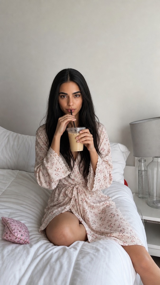Lilith en la cama con una bata de flores y un café frío.