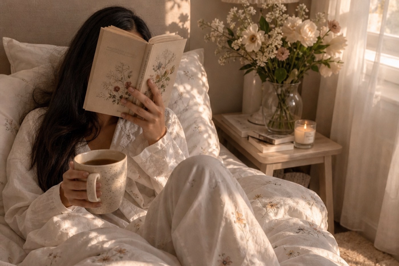 Lilith leyendo en la cama con un café, la luz entrando por la ventana.