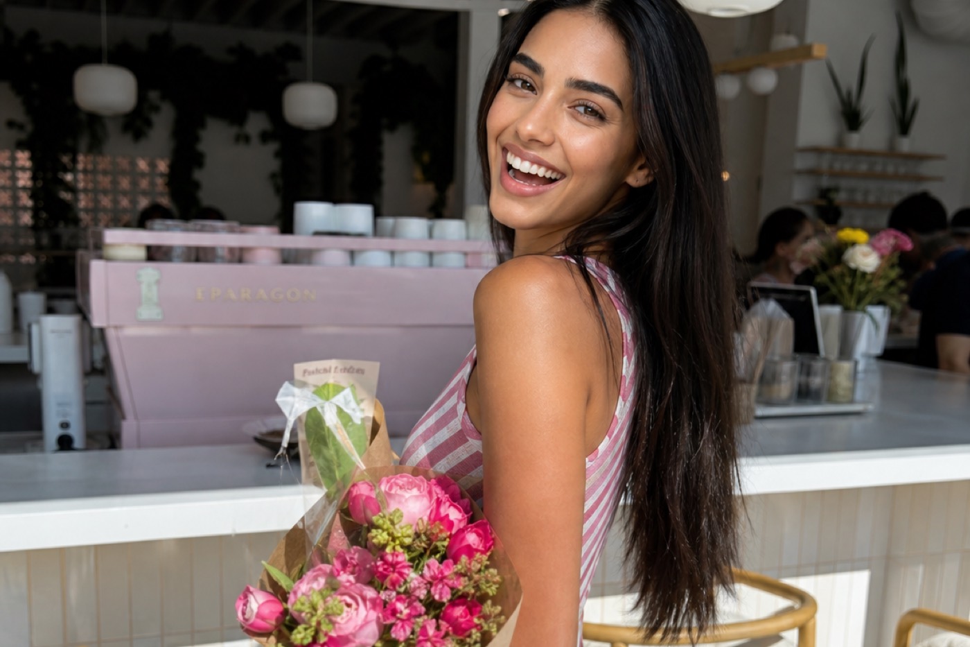 Lilith riéndose en una cafetería con un ramo de flores.